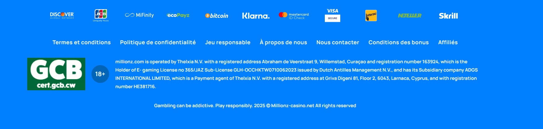 Logos des méthodes de paiement Millionz Casino.